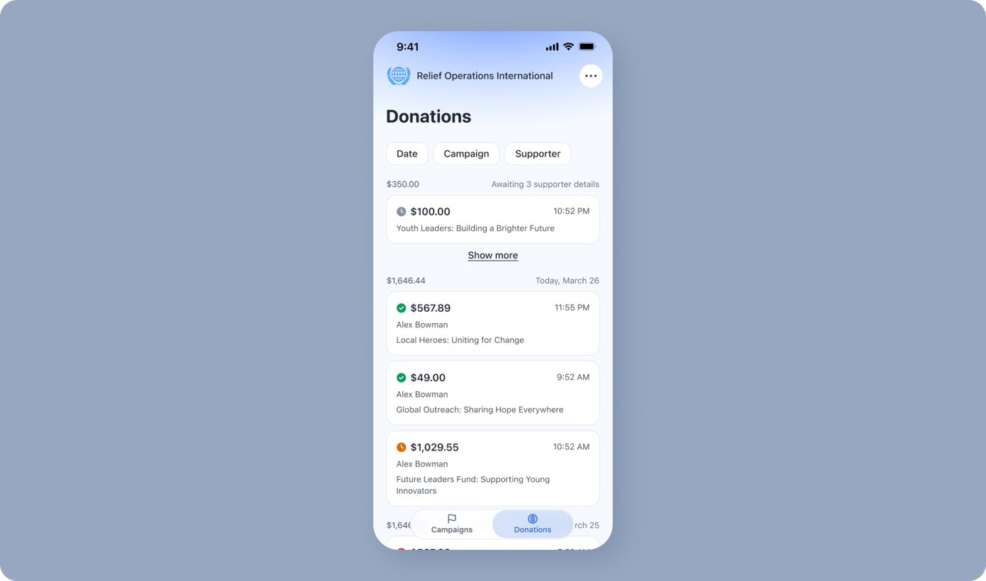 Donations summary for Relief Operations International, showing total donations of $1,646.44. Details include amounts, campaigns, and supporters, with the latest donation of $1,029.55 for "Future Leaders Fund."