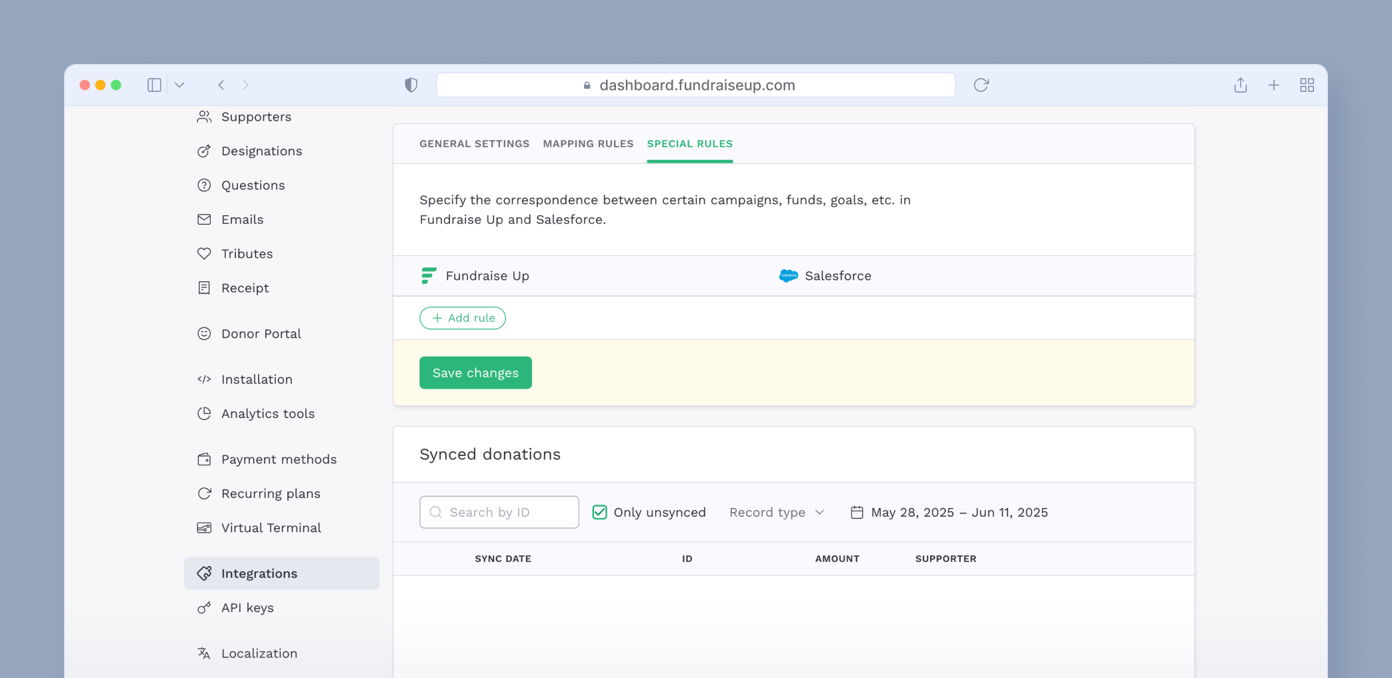 Settings page for integrating Fundraise Up with Salesforce, featuring options to specify campaign correspondence and a section for synced donations with filters for unsynced records, date range, and ID.