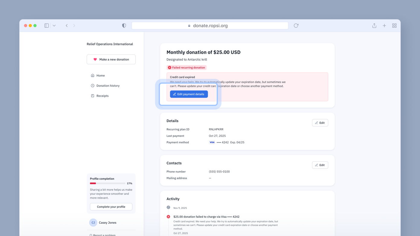 Monthly donation of $25.00 USD to Antartica krill shows a failed transaction due to an expired credit card. A button labeled "Edit payment details" is highlighted. Additional details include a donation ID, last payment date, and contact information.