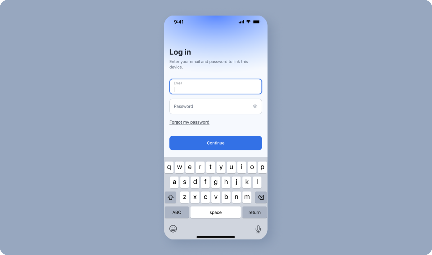 Login screen with fields for email and password, a "Forgot my password" link, and a blue "Continue" button. An on-screen keyboard is displayed for input.