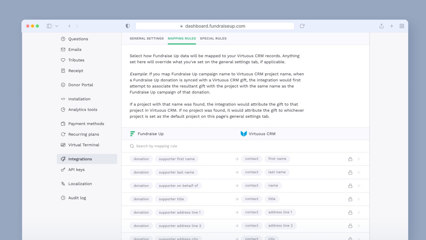 Dashboard interface showing mapping rules for integrating Fundraise Up data with Virtuous CRM records, including options for donation attributes and project associations.