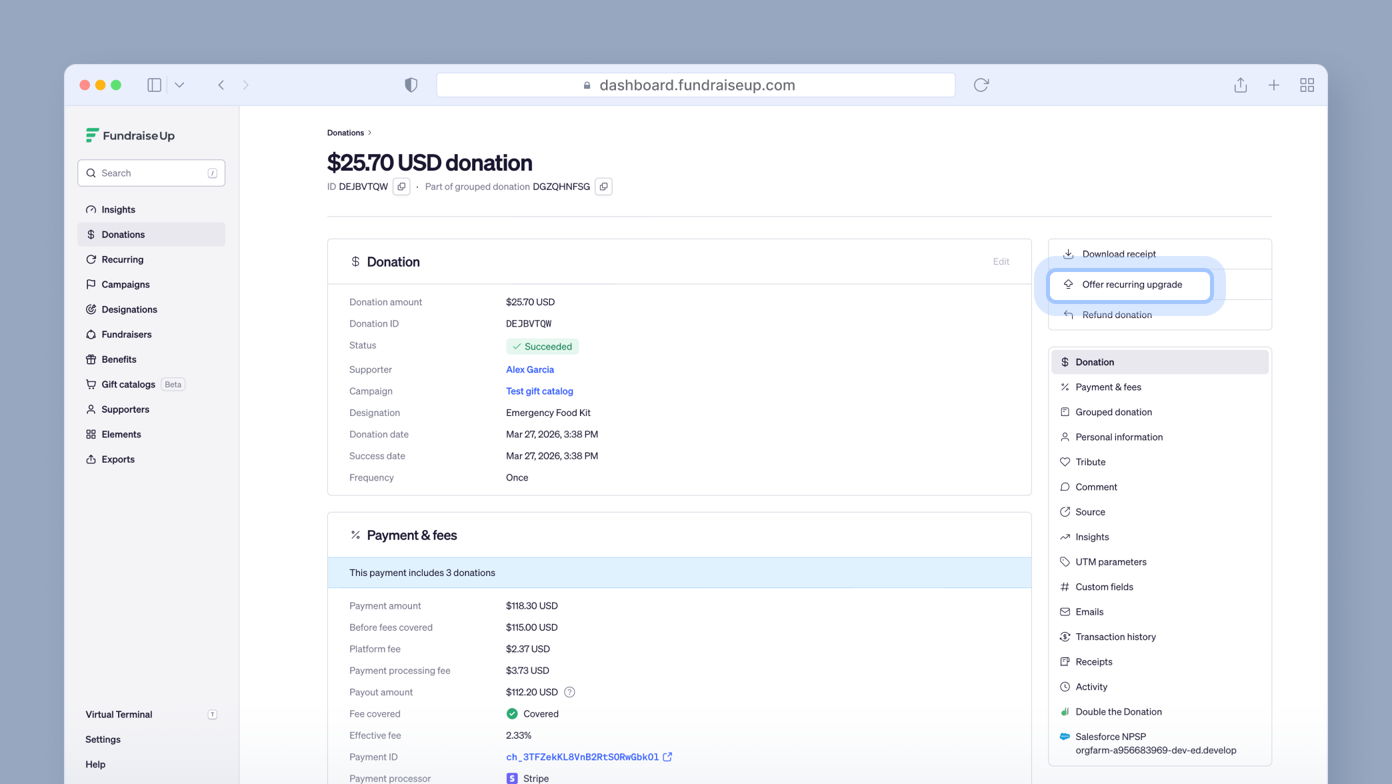 $25.70 USD donation details, including donation ID, status, supporter name, and associated payment fees. Options to download the receipt or view other recurring upgrades are available.