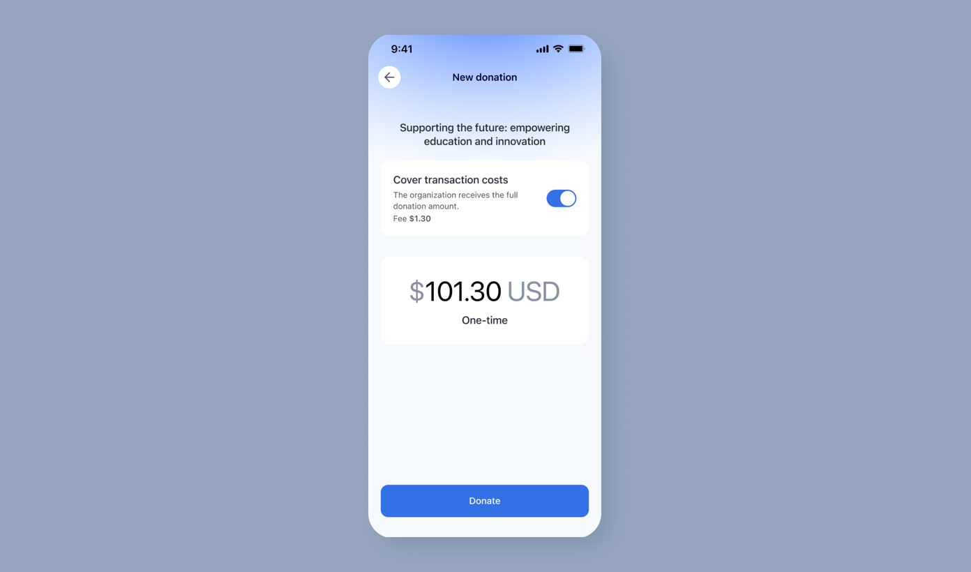 Donation screen showing a total of $101.30 USD for a one-time contribution. Option to cover transaction costs is enabled, with a fee of $1.30. "Donate" button is prominently displayed at the bottom.