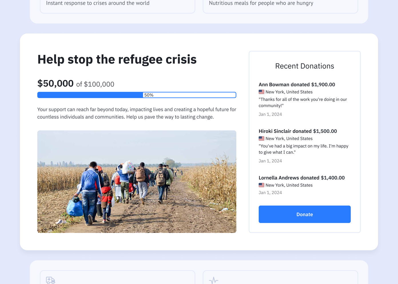 Progress bar showing $50,000 raised towards a $100,000 goal for refugee support. Below, a group of people walking through a field. Recent donations listed with names, amounts, and messages of support. 'Donate' button present.