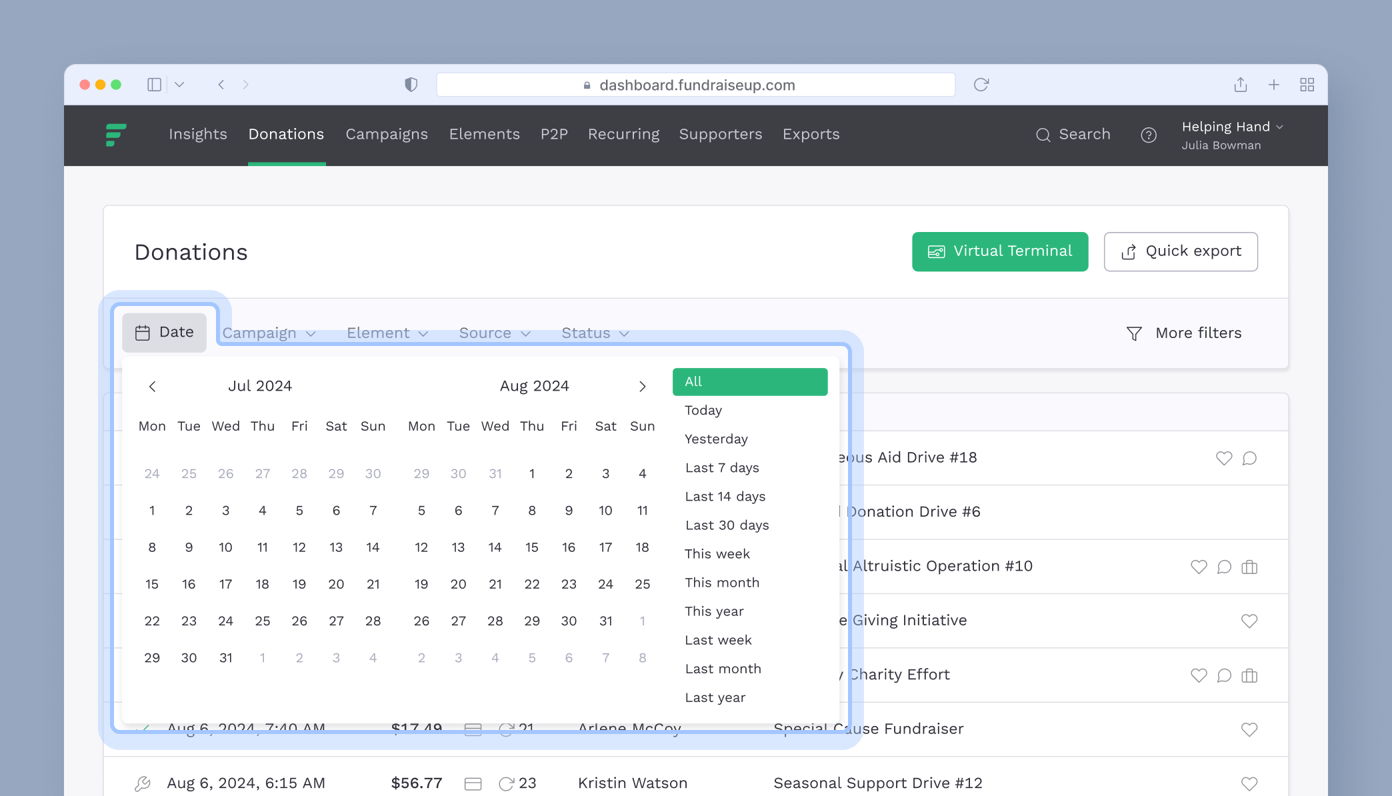 Calendar interface displaying donation dates for July and August 2024, with options to filter by specific time frames like "Today," "Last 7 days," and "This month." The donation list is visible below the calendar.