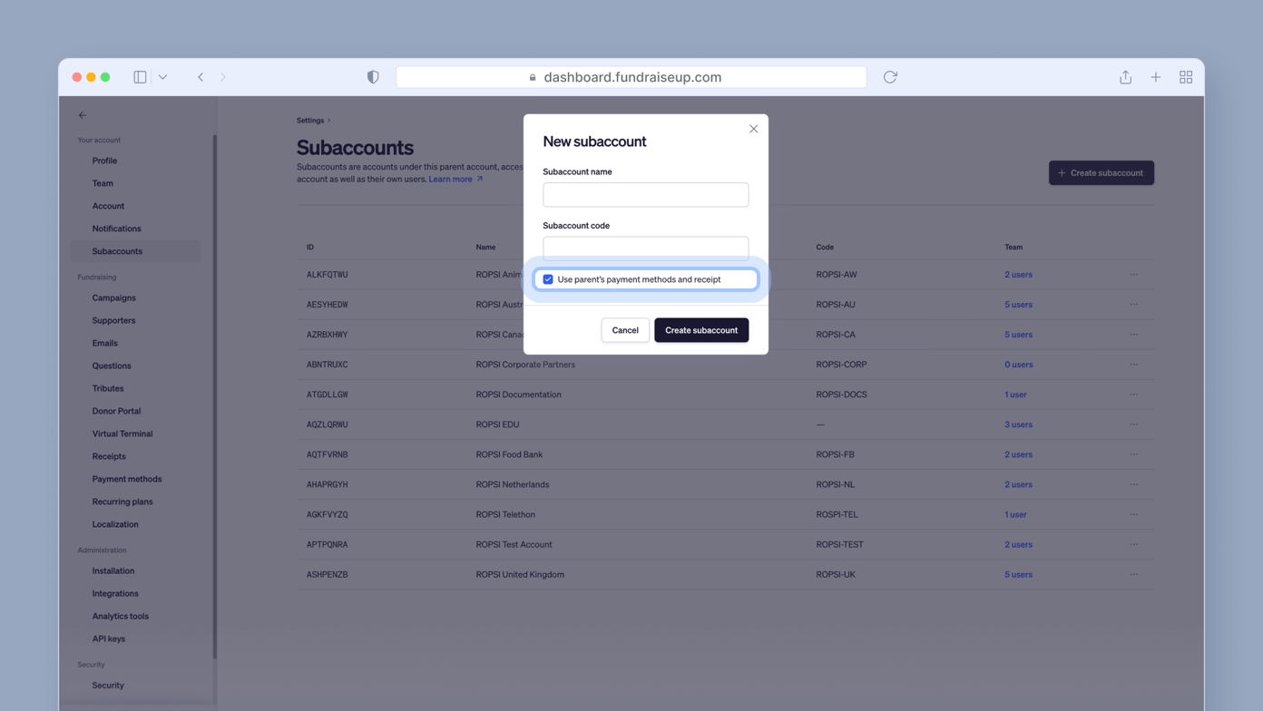 Form to create a new subaccount with fields for subaccount name and code. A checkbox option states, "Use parent's payment methods and receipts." Below, buttons for "Cancel" and "Create subaccount" are visible.