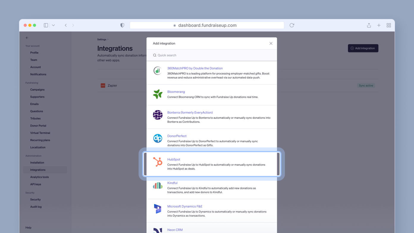 Integration options for Fundraise Up, featuring HubSpot highlighted. The description includes options for connecting various services, with HubSpot allowing automatic or manual syncing of donations.