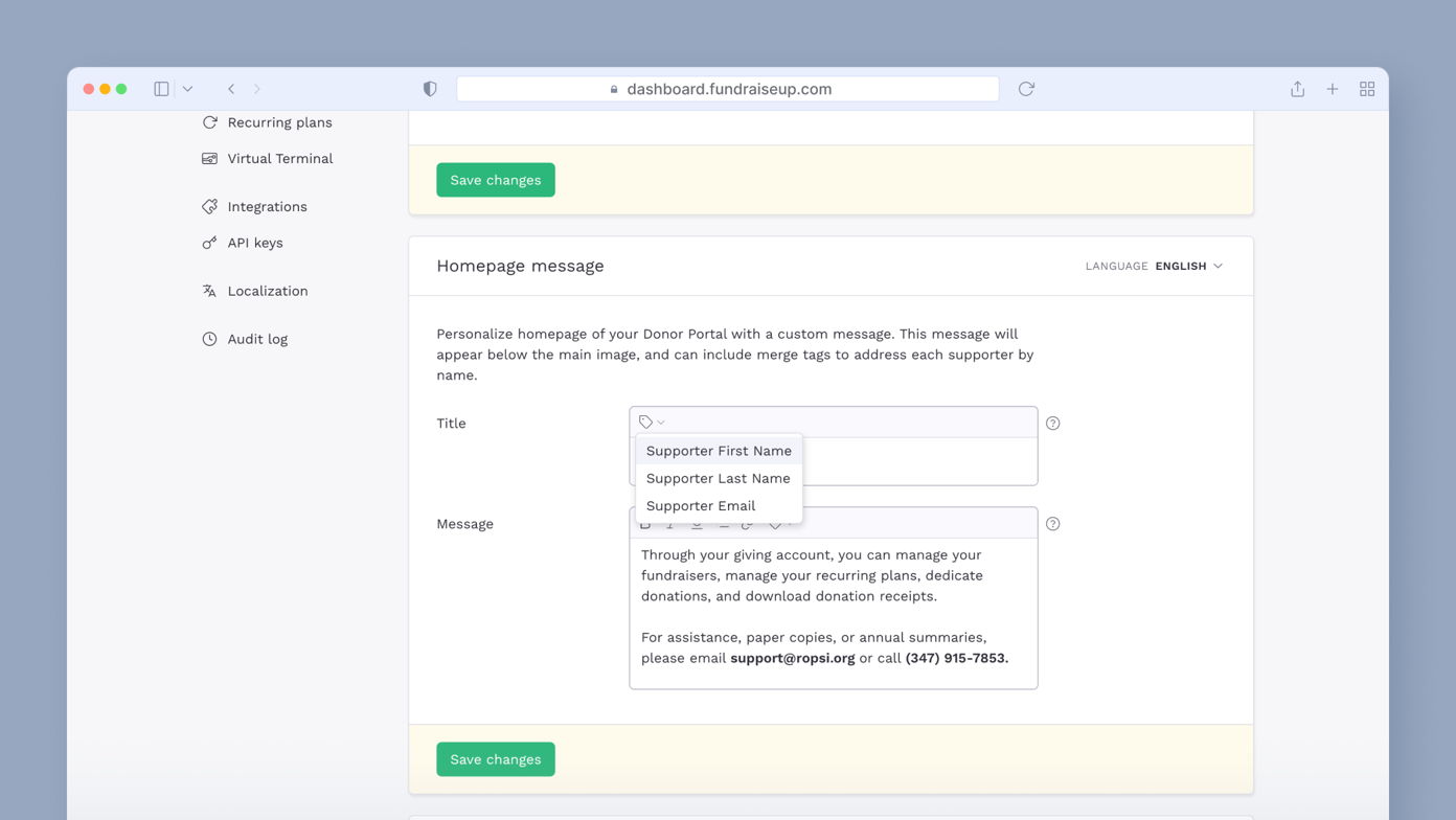 Donor Portal customization interface with fields for title, supporter first name, last name, email, and a message box. Instructions for personalizing the homepage and managing account details are included.