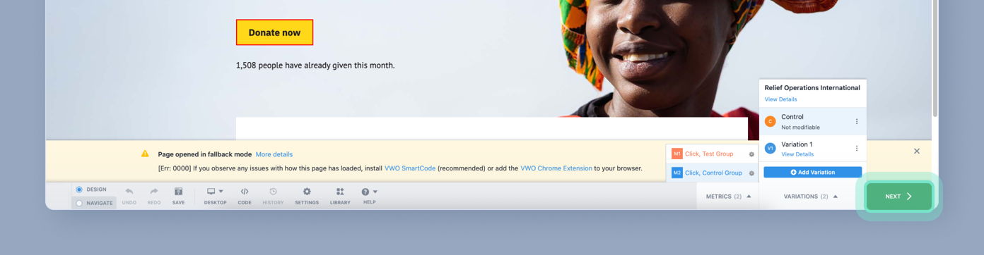 Smiling woman wearing a colorful headwrap, with a "Donate now" button and a message indicating 1,508 people have donated this month.