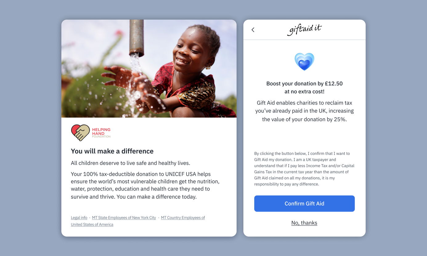 A smiling child plays with water from a tap, promoting a donation campaign for UNICEF USA. Text highlights the impact of donations and offers a Gift Aid option to increase contributions by 25%.