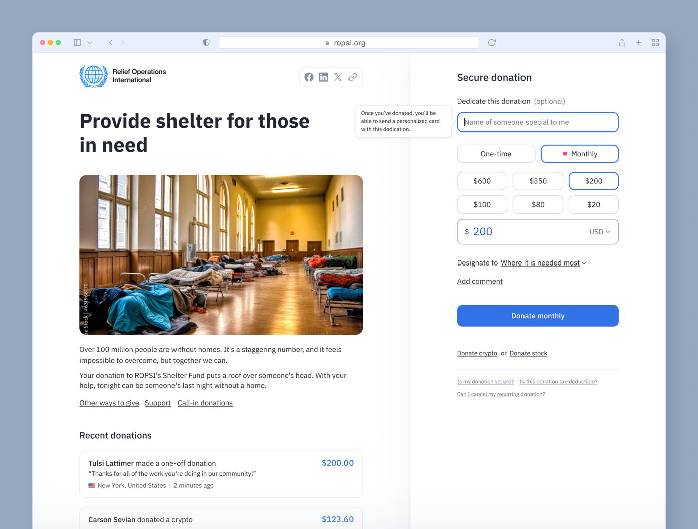 Shelter space with several beds arranged in a large room, featuring tall windows and wooden floors. A donation form is visible on the right side, offering options for one-time or monthly contributions to support the shelter fund.