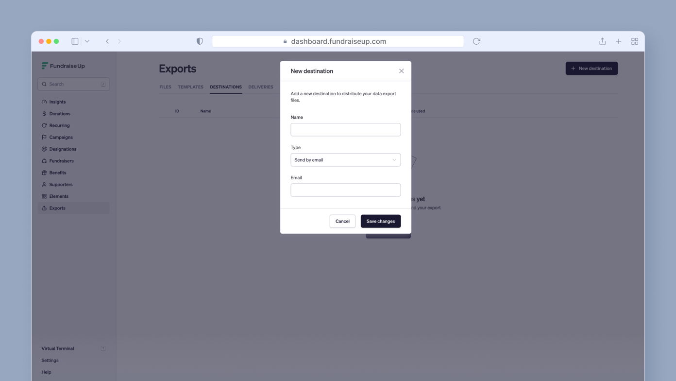 Modal window for adding a new destination to distribute data export files, with fields for name, type (email), and email address, along with "Save changes" and "Cancel" buttons.