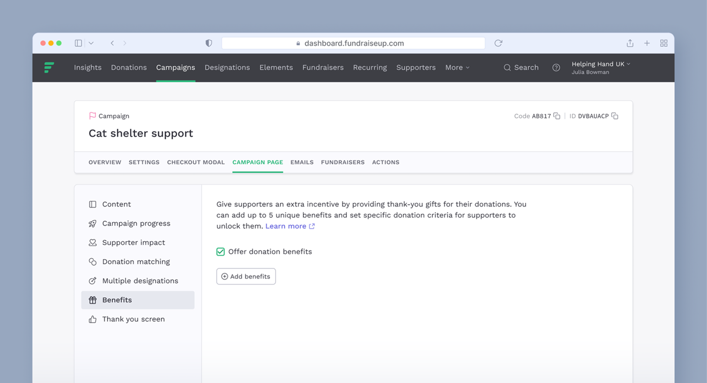 Cat shelter support campaign page with options for managing benefits for donors, including adding donation benefits and a description of incentives for supporters.