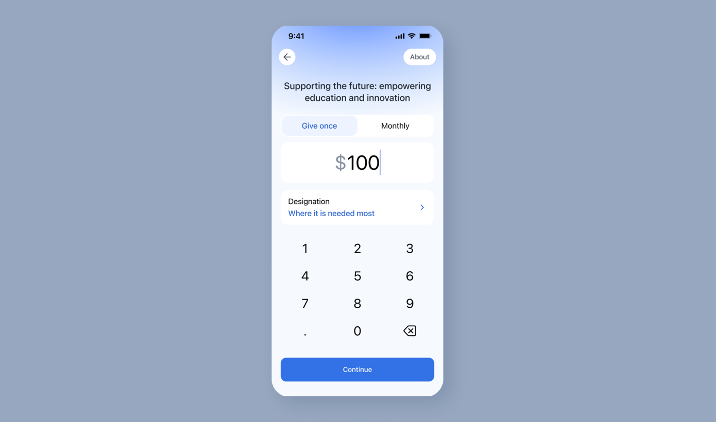 Donation form with options for one-time or monthly contributions, input field for amount ($100), designation selection, numeric keypad, and a "Continue" button.