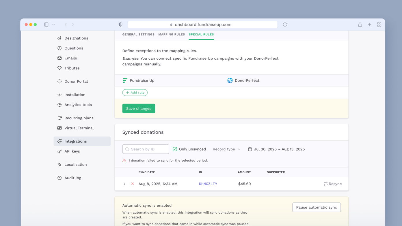 Fundraise Up dashboard showing settings for special rules and integrations. Includes options to save changes and manage synced donations with details like sync date, ID, amount, and supporter.