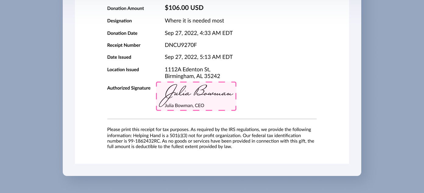 Donation receipt for $106.00 USD, designated for general use. Includes donation date, receipt number, location, and an authorized signature from Julia Bowman, CEO. Instructions for tax purposes are provided at the bottom.