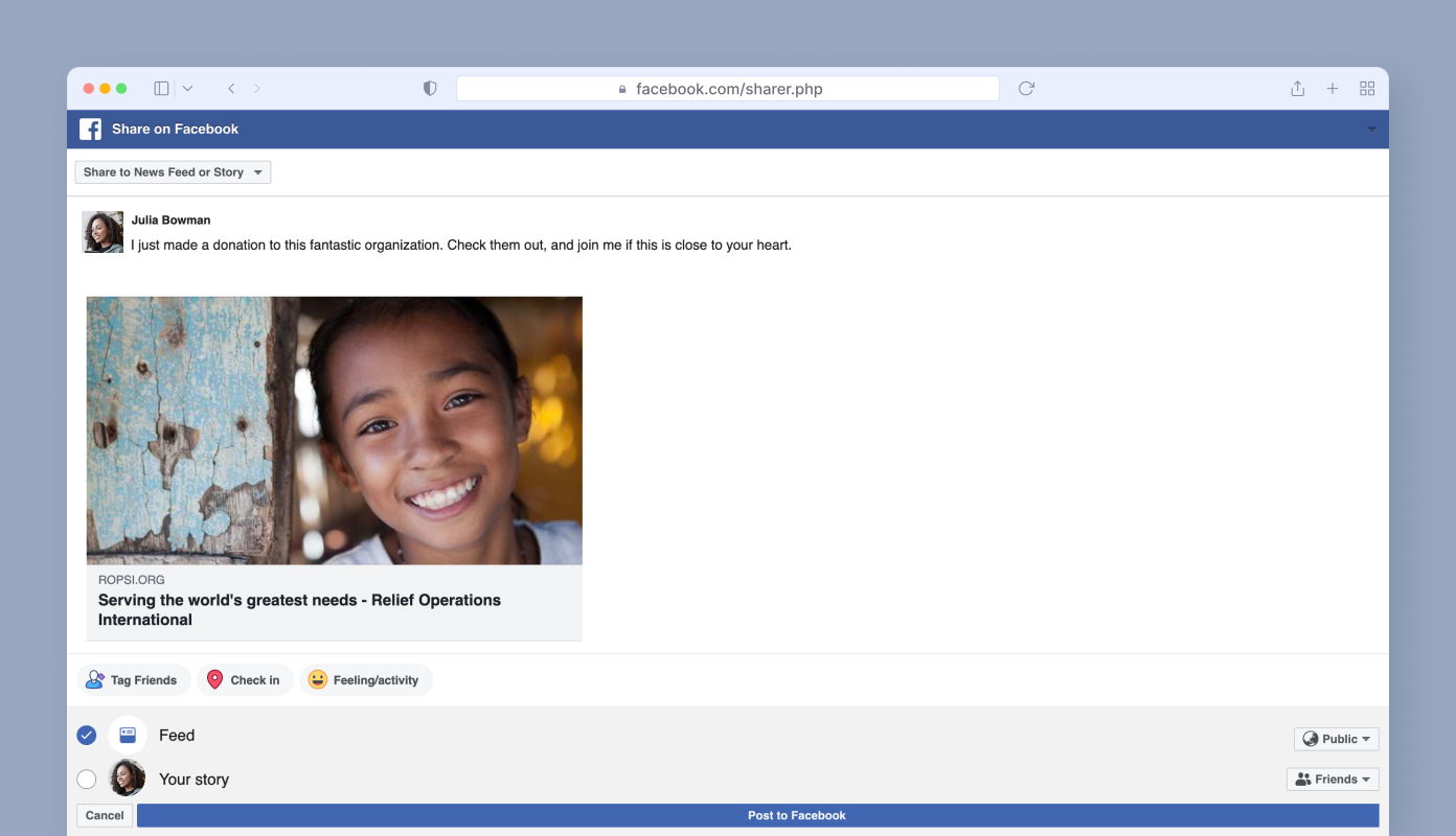 Smiling child with dark hair, standing near a weathered wooden wall, featured in a post about donating to Relief Operations International. Text below highlights the organization's mission.