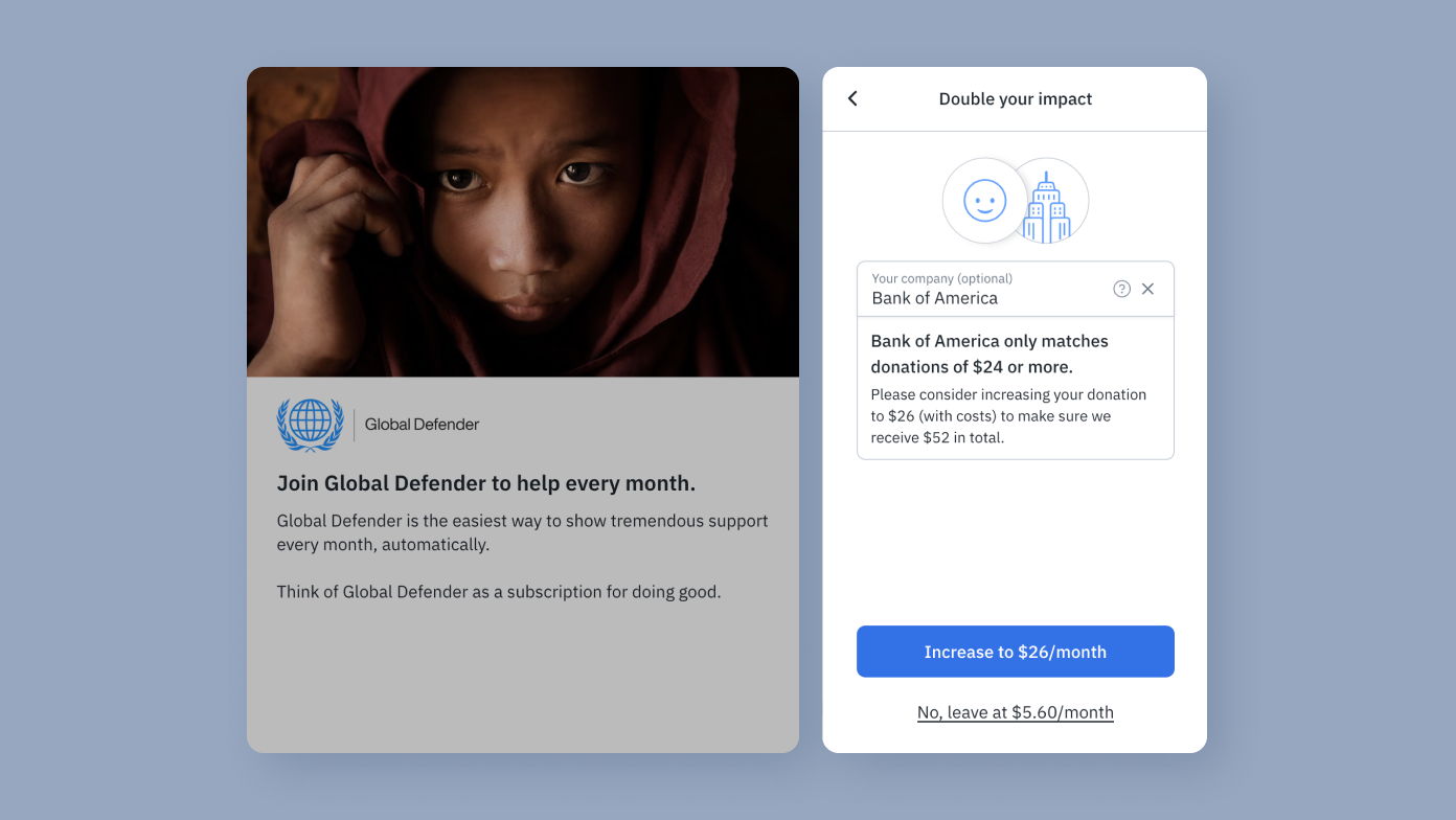 Global Defender donation prompt featuring a child in a hooded garment. Text encourages monthly support, highlighting the impact of donations. A side panel suggests increasing the donation to $26 for matching contributions from Bank of America.