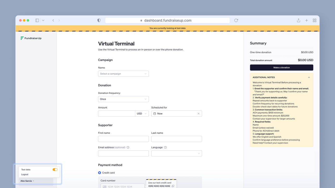 Virtual Terminal interface for processing donations, featuring fields for campaign selection, donation frequency, amount, supporter details, and payment method options. Summary section displays total donation amount and additional notes for users.
