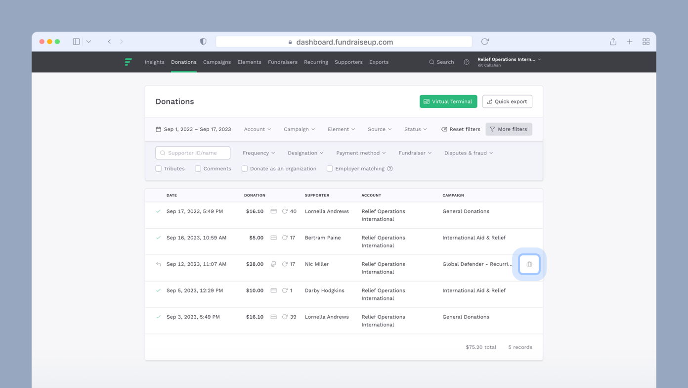 Donations table displaying dates, amounts, supporters, accounts, and campaigns for contributions made between September 1 and September 17, 2023. Total donations amount to $375.26.