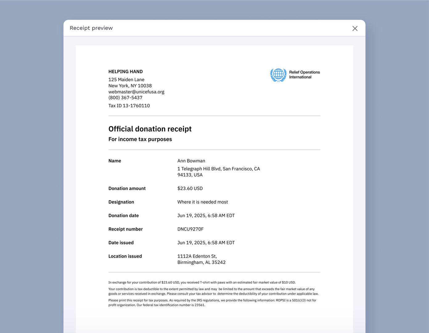 Official donation receipt detailing donor name, address, donation amount of $23.60, designation, donation date, receipt number, issue date, and location issued. Includes tax information for income tax purposes.