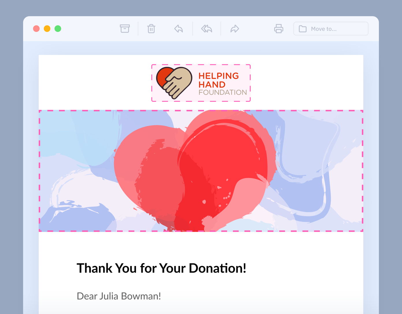 Thank you message for a donation, addressed to Julia Bowman, featuring a heart graphic and the Helping Hand Foundation logo at the top.
