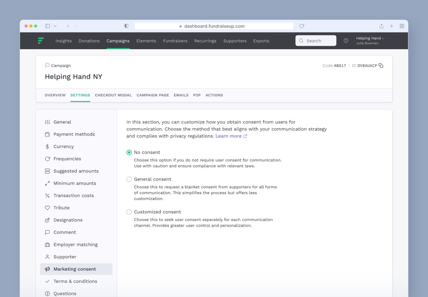 Settings page for the "Helping Hand NY" campaign, featuring options for user communication consent: No consent, General consent, and Customized consent, with brief descriptions for each option.
