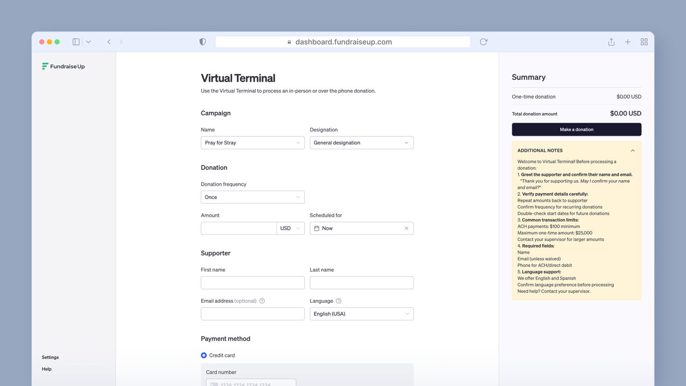 Virtual terminal interface for processing donations, featuring fields for campaign name, donation frequency, amount, supporter details, and payment method options. Summary section displays total donation amount and additional notes for users.