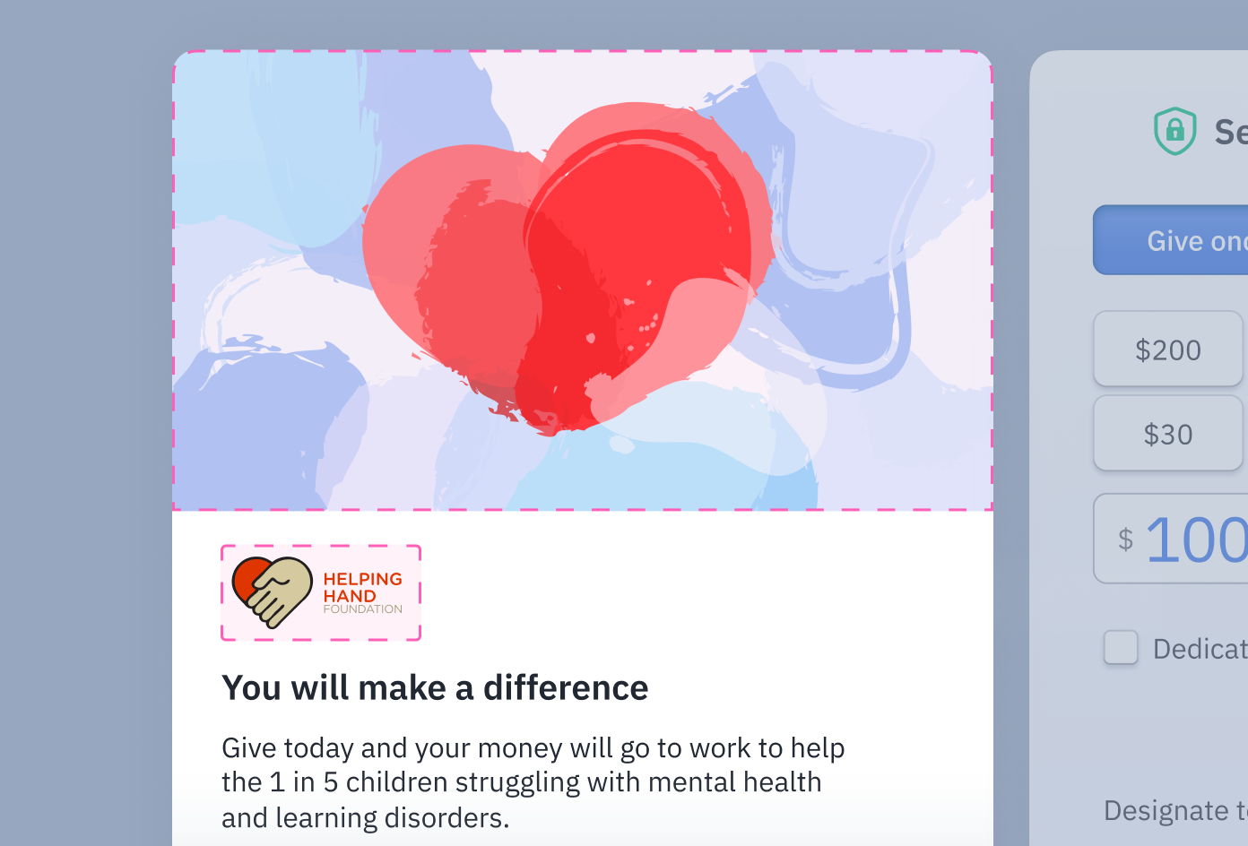 Heart graphic with blue and pink background, accompanied by text encouraging donations to support children with mental health and learning disorders. Includes the Helping Hand Foundation logo and a donation section.