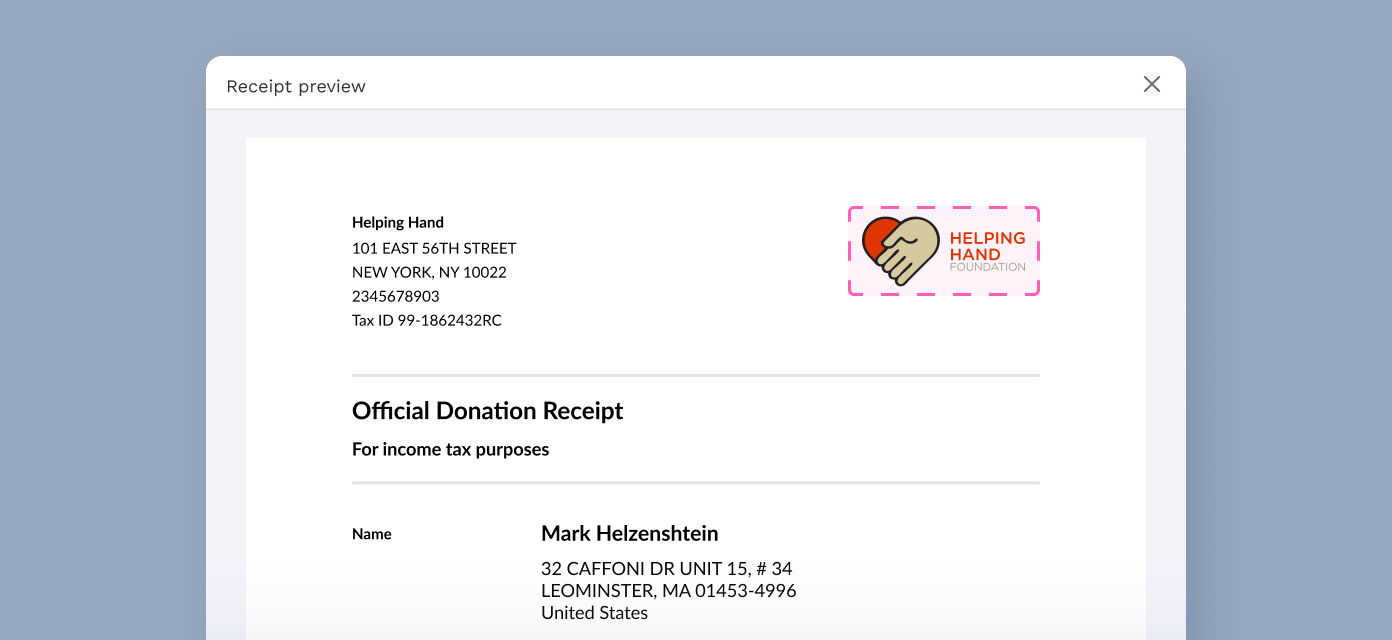 Official donation receipt from Helping Hand, including organization details, tax ID, and donor's name and address for income tax purposes.