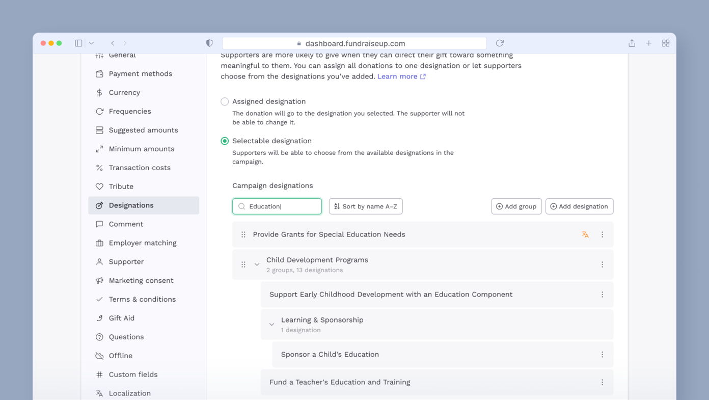 Dashboard section for managing donation designations. Includes options for assigning and selecting designations, with a search bar labeled "Education" and a list of campaign designations related to educational support programs.