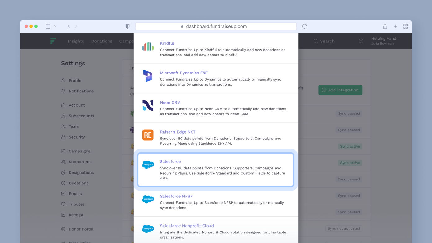 List of integration options for Fundraise Up, including Kindful, Microsoft Dynamics F&E, Neon CRM, Raiser's Edge NXT, Salesforce, Salesforce NPSP, and Salesforce Nonprofit Cloud, with descriptions of their functionalities.