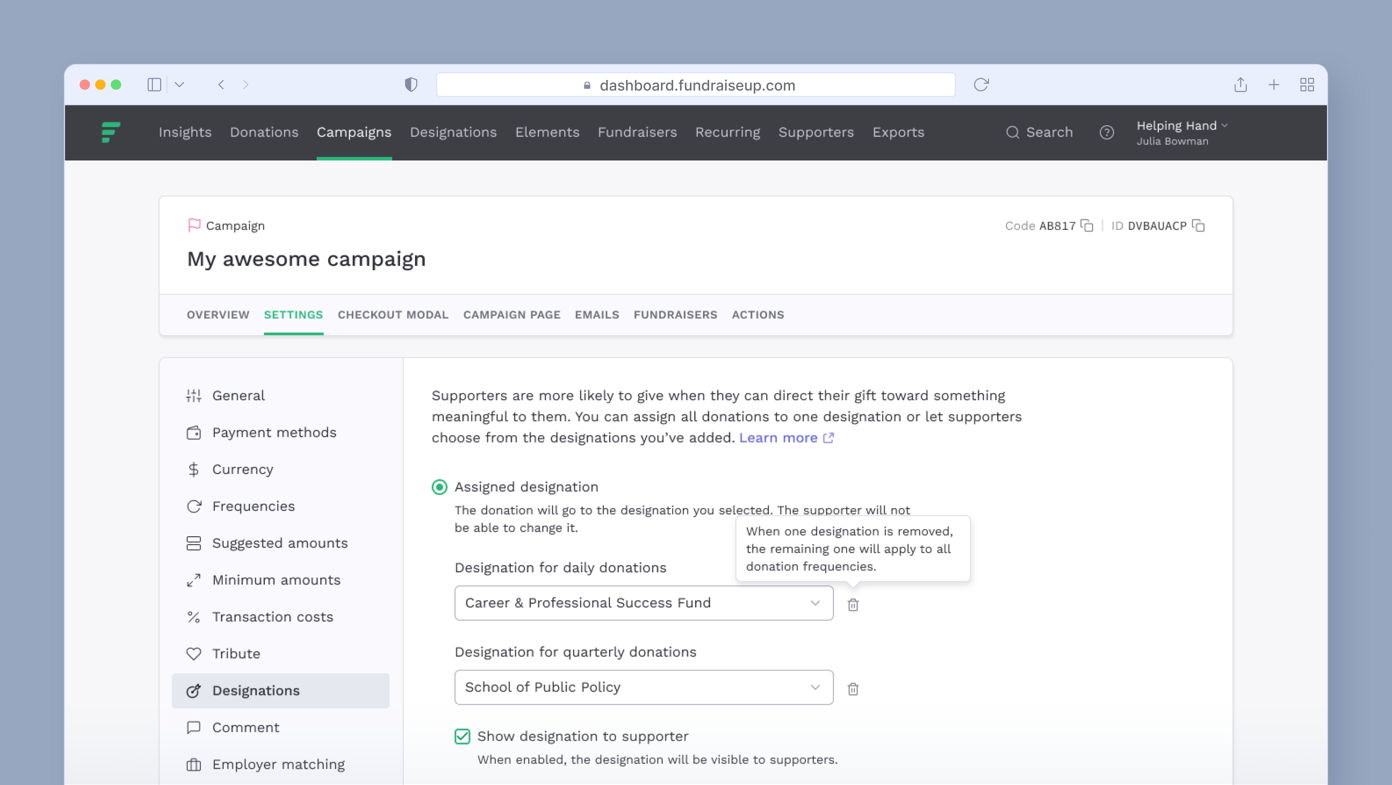 Campaign settings page with options for designating donations. Key sections include "General," "Payment methods," and "Designations" for assigning specific funds. Text explains how supporters can direct their gifts.