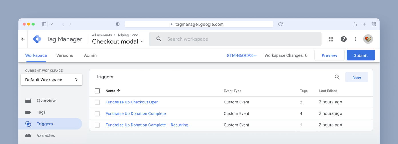 Tag Manager interface displaying the "Triggers" section with a list of custom events, including "Fundraise Up Checkout Open" and "Fundraise Up Donation Complete." Options for adding new triggers and submitting changes are visible.