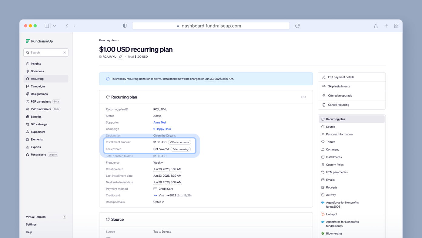 Recurring plan details showing a $1.00 USD installment amount, active status, and payment schedule. Key information includes the next charge date and payment method options.
