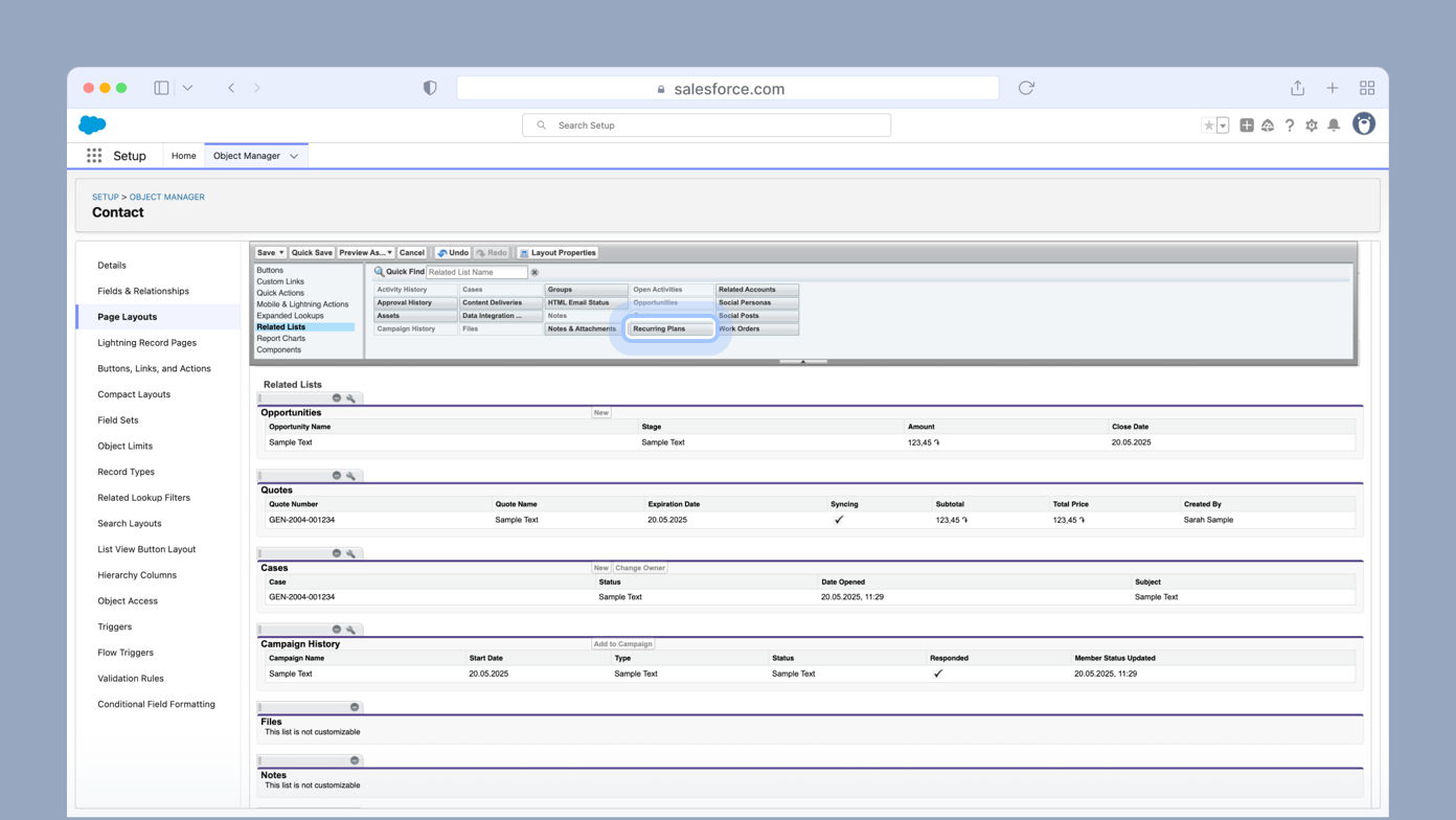 Salesforce contact management interface displaying fields for related accounts, opportunities, quotes, and campaign history, with options for editing and saving data. Key sections include opportunity details and related lists.