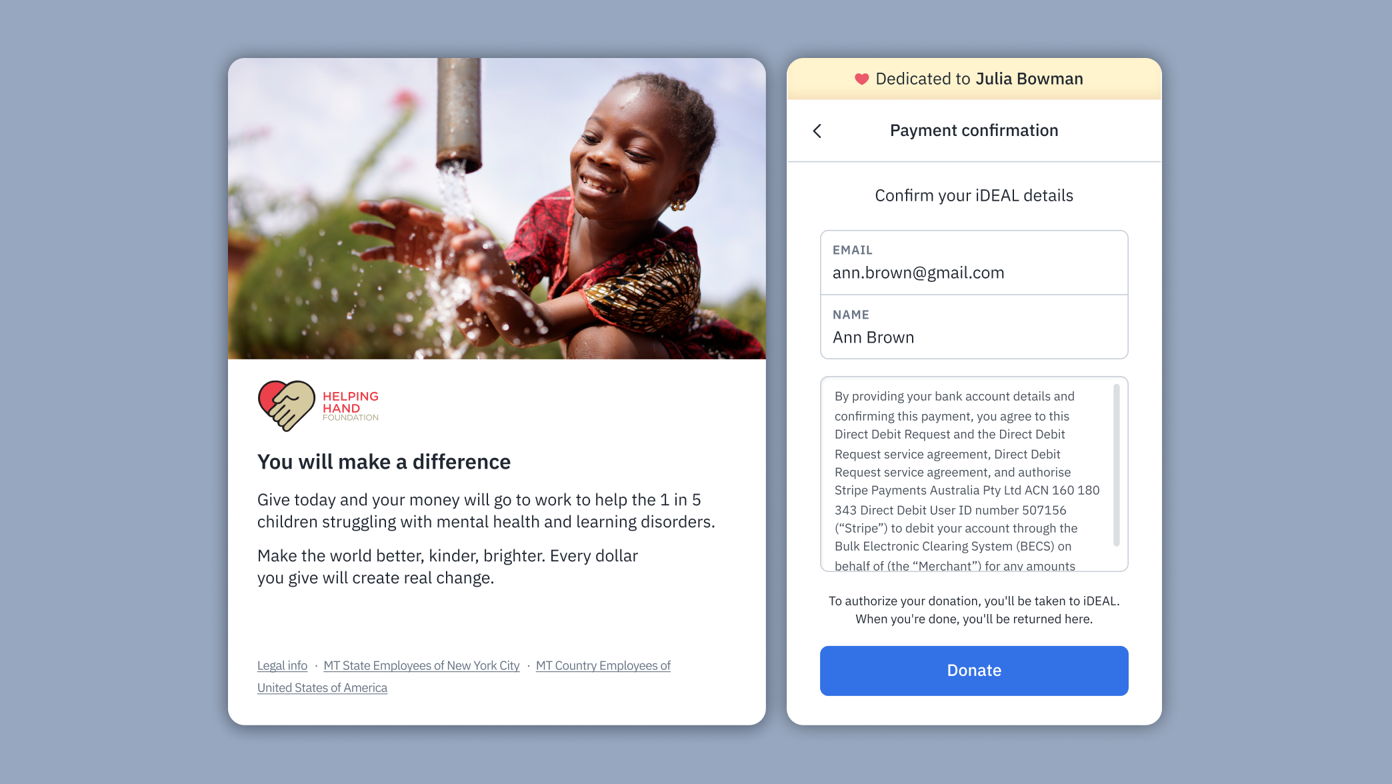 Child smiling while playing with water from a pump, alongside a donation prompt for a charity supporting children with mental health and learning disorders. Payment confirmation details are displayed on the right.