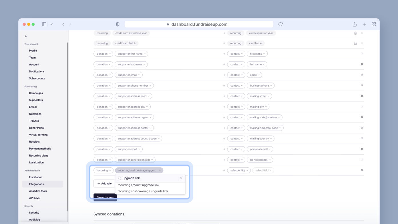 Table displaying fields for managing donor information, including options for recurring donations and contact details. A highlighted section indicates an option to add an "upgrade link" for managing costs associated with upgrades.