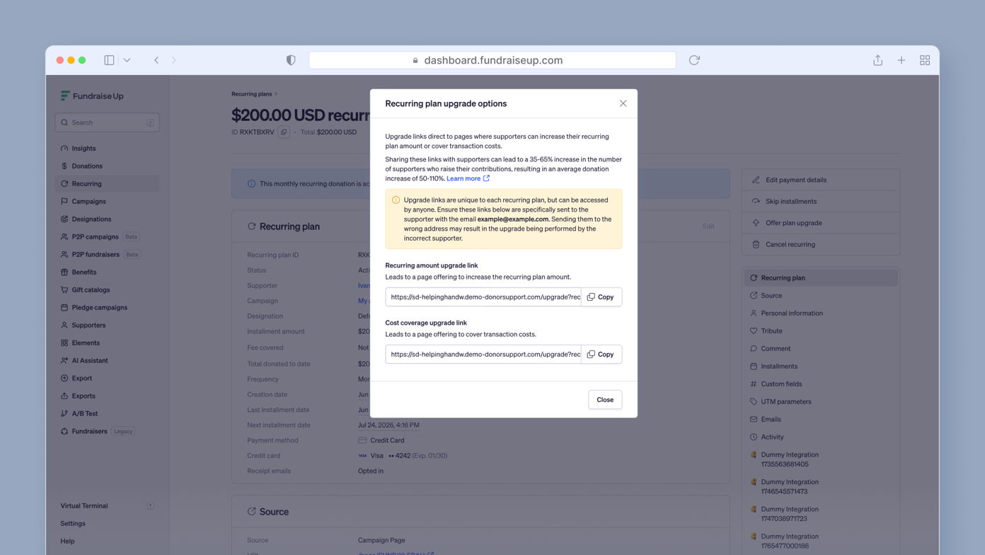 Recurring plan upgrade options with links for increasing the plan amount and covering transaction costs. Text explains the benefits of upgrading, including potential increases in supporter contributions.