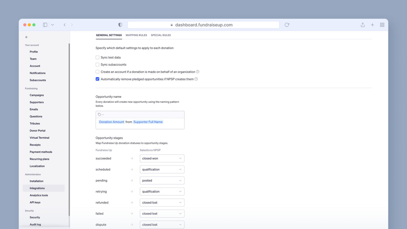 General settings page for a fundraising dashboard, displaying options for donation settings and opportunity stages, including fields for naming opportunities and mapping stages to a system.