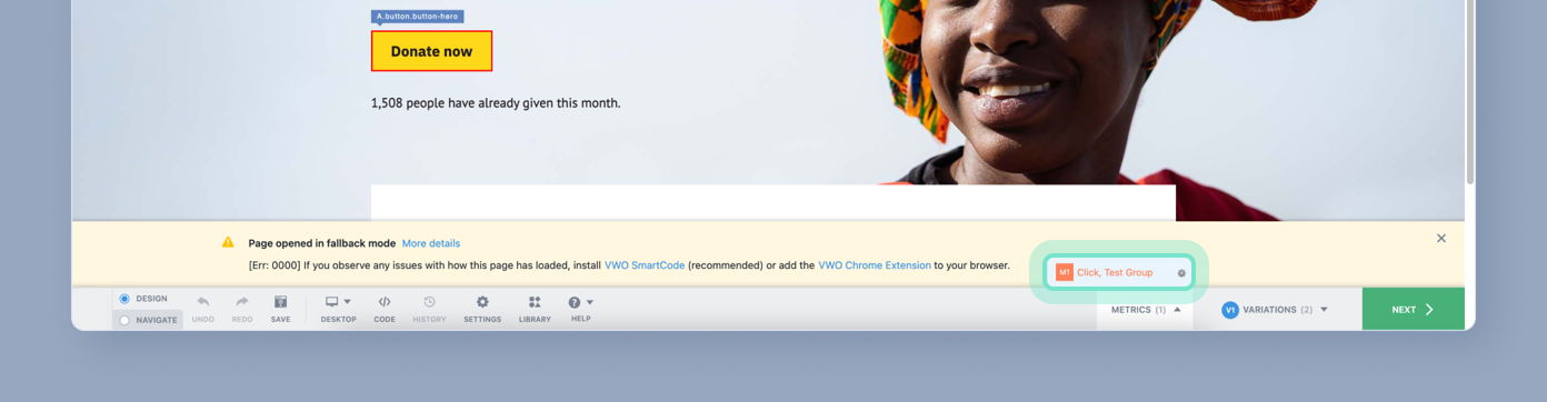 Smiling woman wearing a colorful headscarf, with a call-to-action button labeled "Donate now" and a message indicating the number of people who have donated this month.