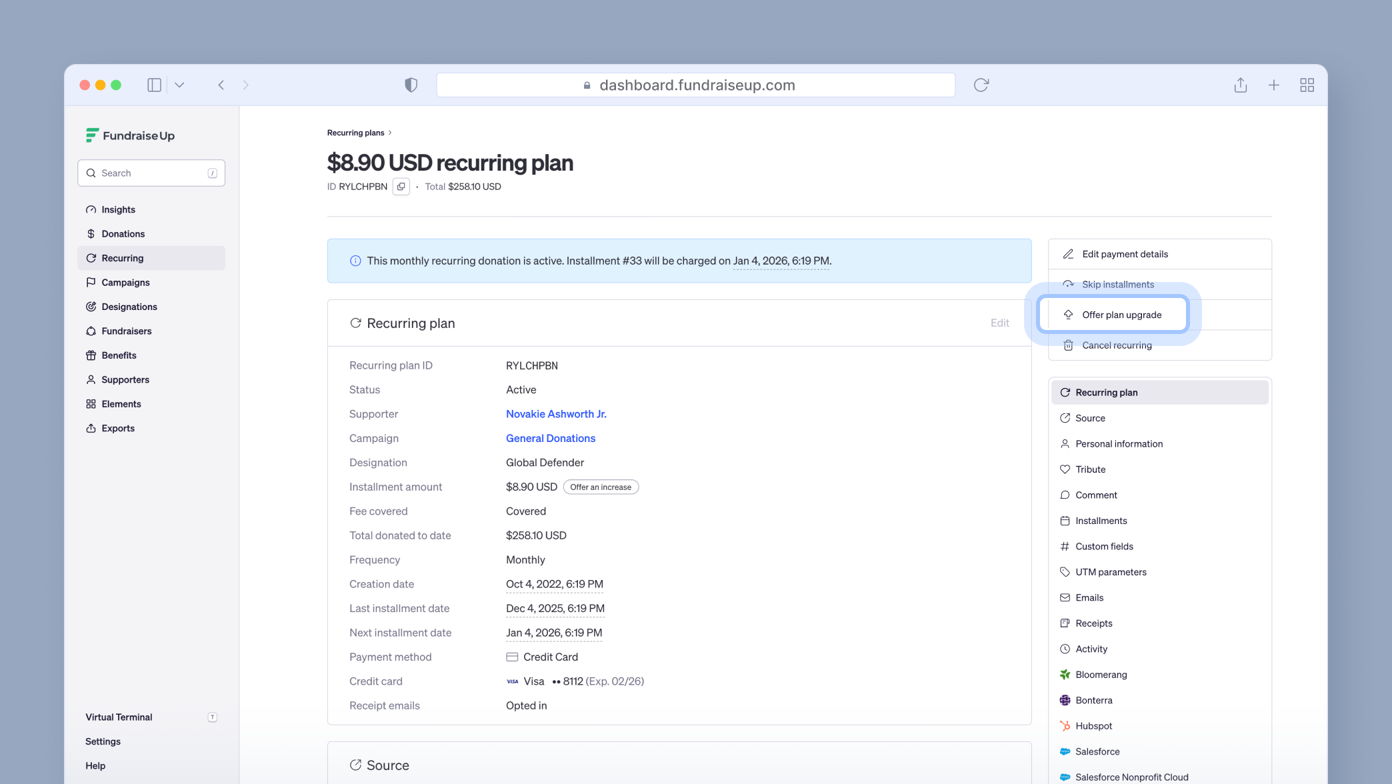 Recurring donation details for $8.90 USD, including status, supporter name, installment information, and payment method options. Options to edit payment details, skip installments, or cancel the recurring plan are available.