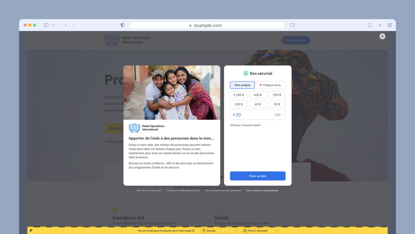 A family of four smiles together, promoting Relief Operations International. A donation form is displayed, offering options for one-time or monthly contributions, with suggested amounts listed. The background features a blurred website layout.