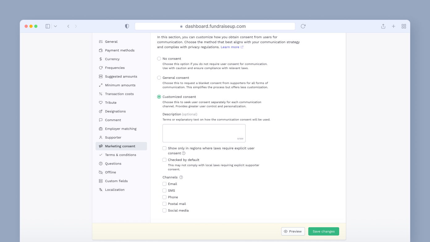Settings page for customizing user consent for communication, including options for general and customized consent, with checkboxes for SMS, phone, postal mail, and social media. "Save changes" button at the bottom.