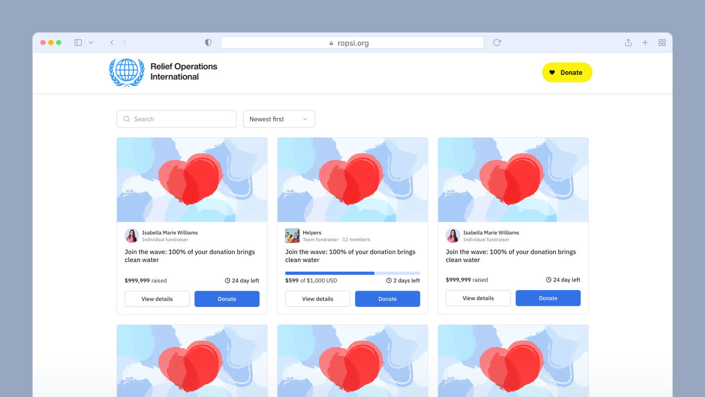 Donation campaign page for Relief Operations International featuring multiple fundraising cards. Each card shows a heart graphic, fundraising amounts, and a call to action to donate or view details.