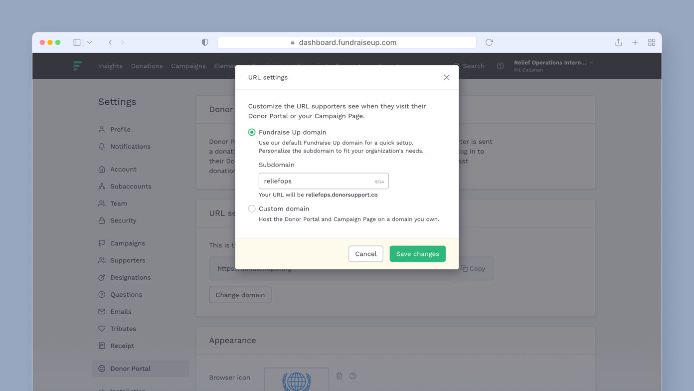 URL settings for customizing donor portal links, including options for a Fundraise Up domain and a custom domain. Fields for subdomain entry and buttons to save changes or cancel.