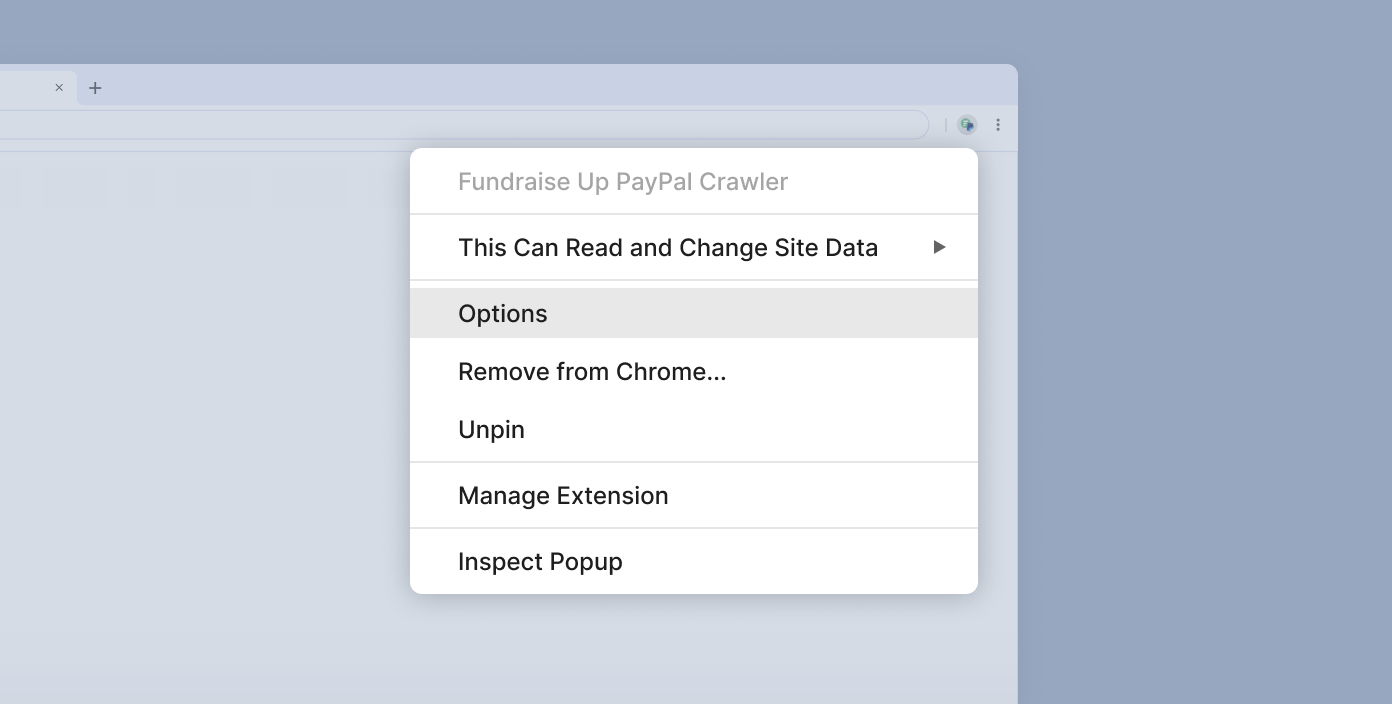 Menu for the Fundraise Up PayPal Crawler extension with options to manage site data, access settings, remove the extension, unpin it, or inspect the popup.