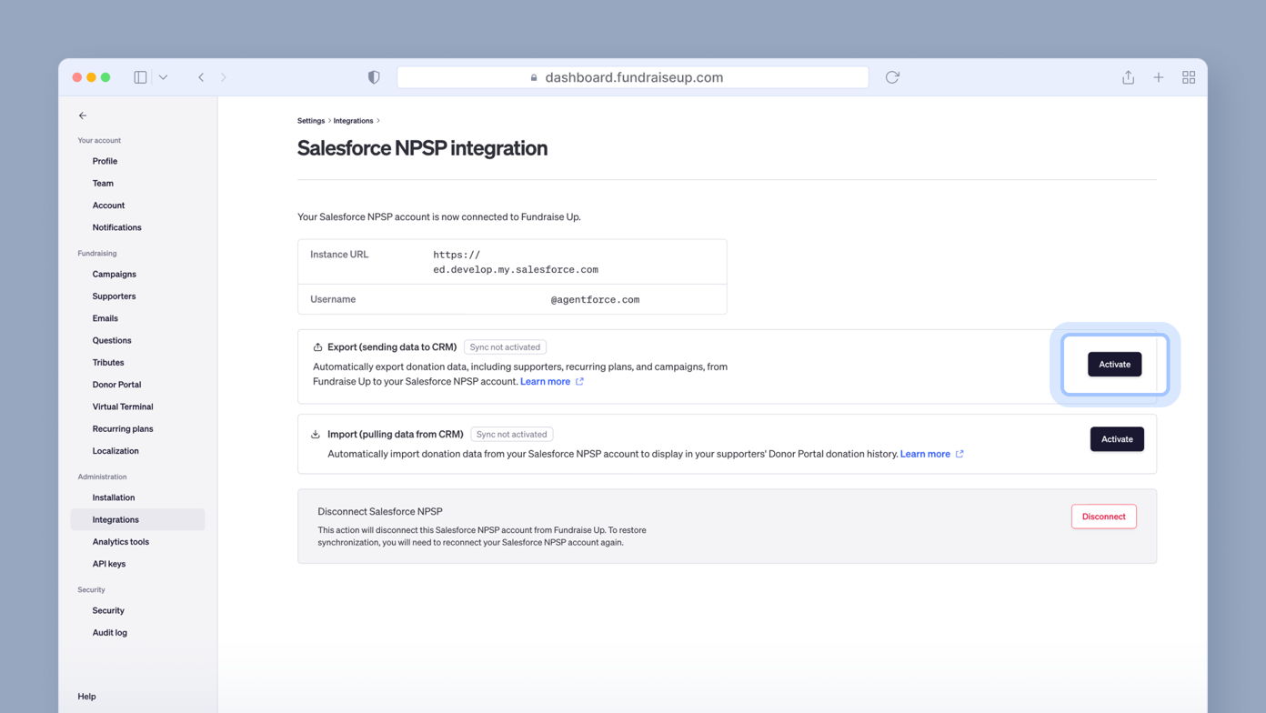 Salesforce NPSP integration settings page with fields for instance URL and username, options to export and import data to/from CRM, and buttons to activate features or disconnect the integration.