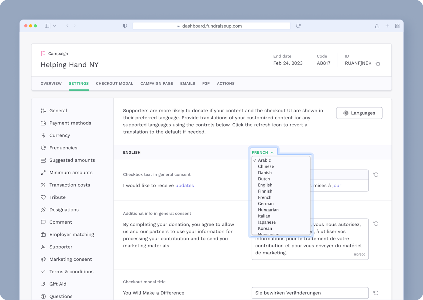 Settings page for the Helping Hand NY campaign, displaying options for language selection, general consent text, and additional information for supporters regarding donation processing and marketing materials.