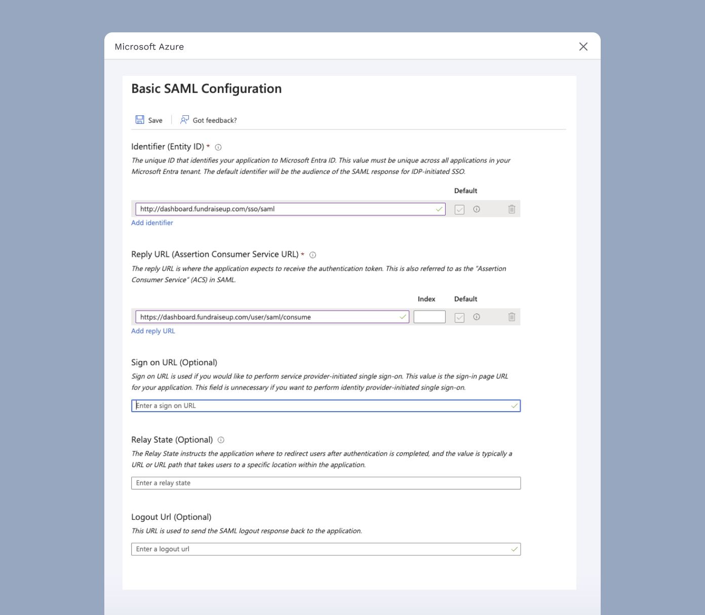 Basic SAML configuration settings in Microsoft Azure, including fields for Identifier, Reply URL, Sign-on URL, Relay State, and Logout URL, with placeholder text for user input.
